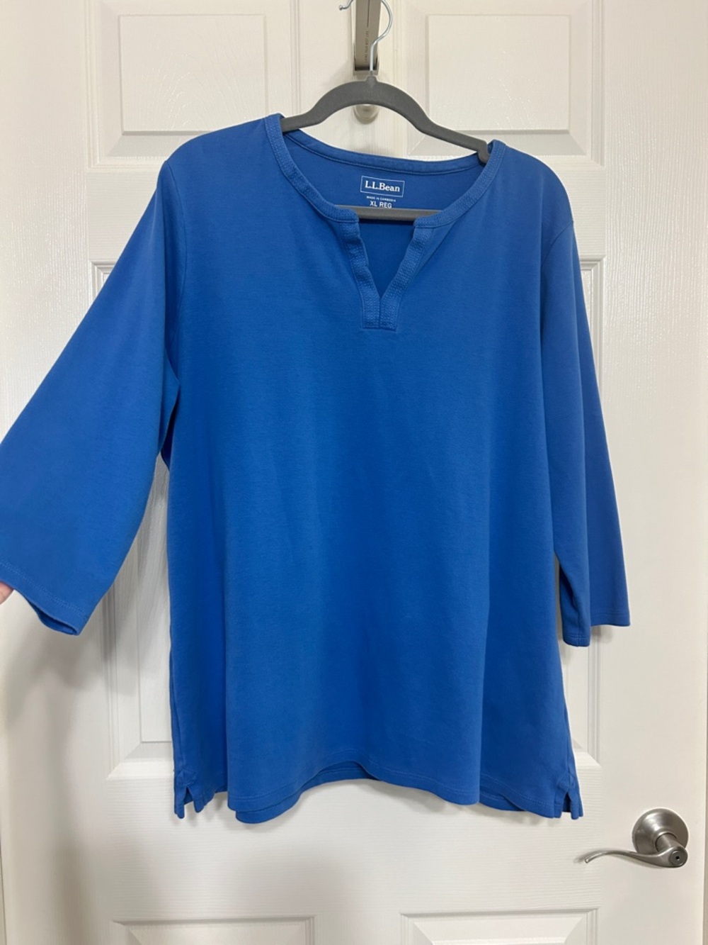 L.L. Bean Blue Cotton Notched V Neck Tunic Natural Fiber Soft Cozy XL Regular